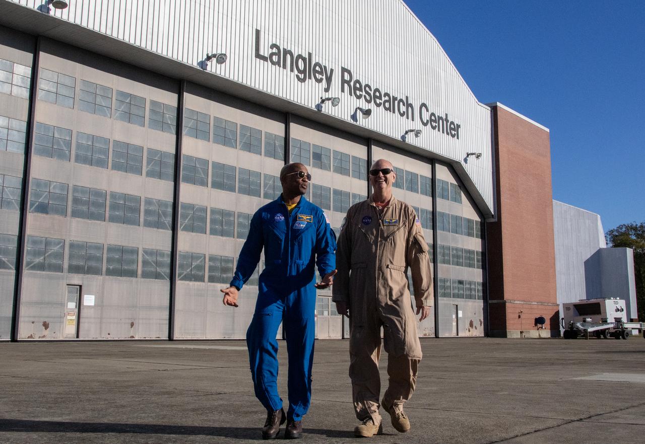 Former flight test instructor and current NASA test pilot Nils Larson reunited with former student and current astronaut Victor Glover on Oct. 21 during an open house at NASA's Langley Research Center in Hampton, Virginia.  